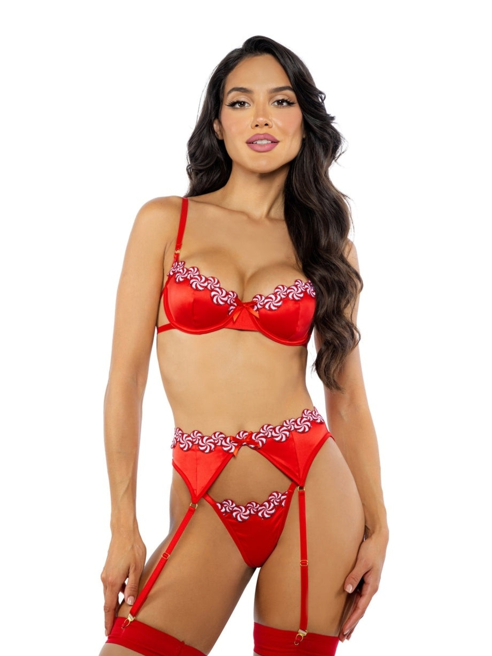 Roma Christmas Peppermint Trim - Satin Bra, Garter & Thong Lingerie Set